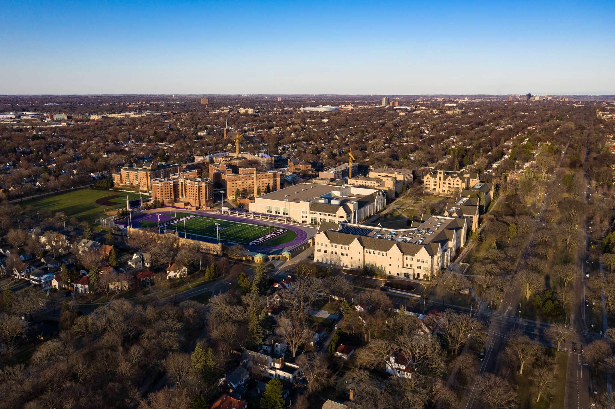 aerial photo of the St. Thomas campus with O'Shaughnessy Stadium and Anderson Student Center in the foreground