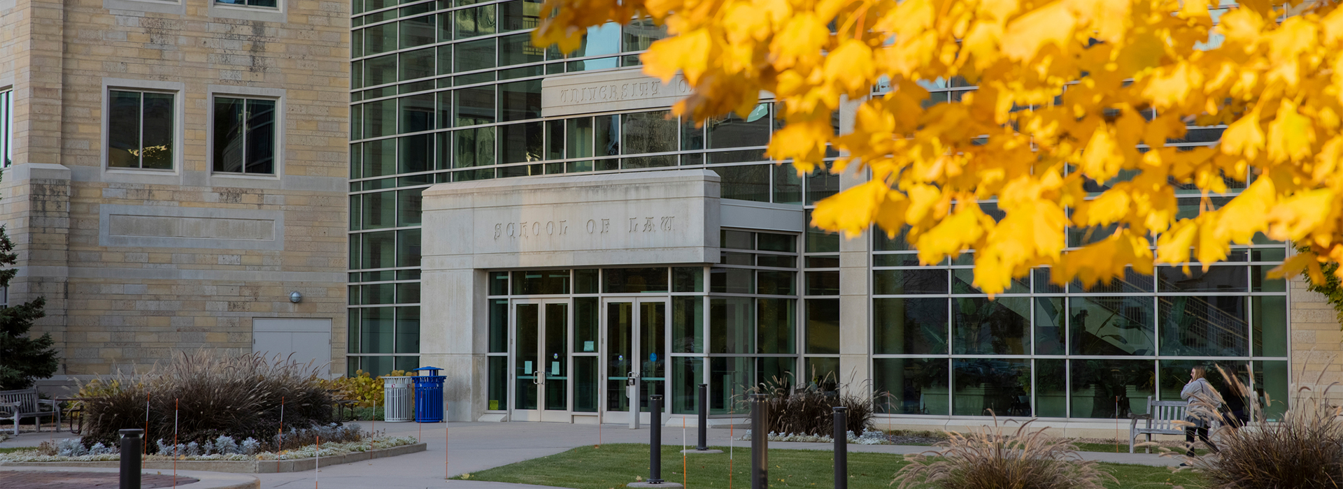 The School of Law main entrance pictured in the fall.