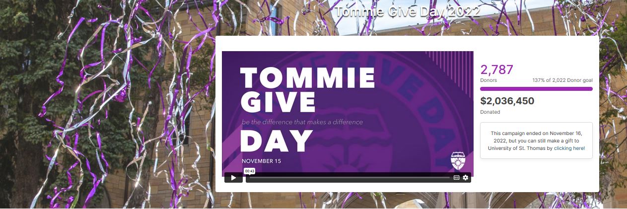 Screen shot of Tommie Give Day results on Give Campus platform
