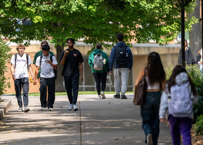 Students walk outdoors on campus under the shade of trees
