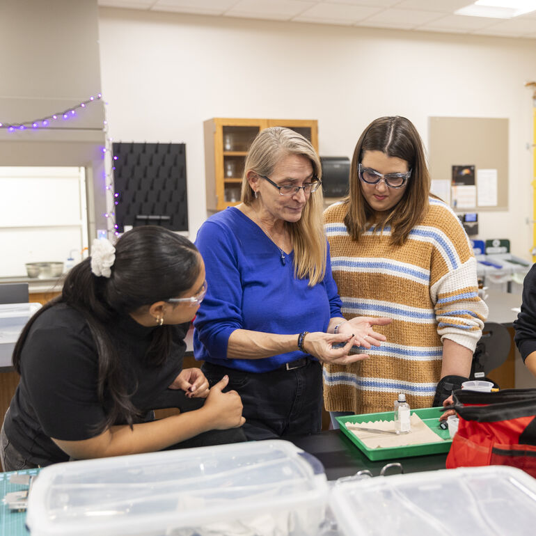 A faculty member demonstrates a hands-on skill as three students observe and practice together in a lab.