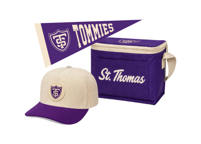 Tommie-branded pennant, cooler bag and cream-colored hat