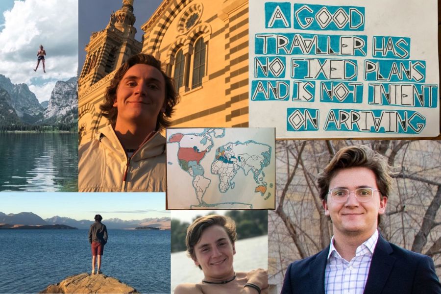A collage of photos of Charlie Johnson ’21, showing him in various settings, from graduation and professional headshots to travelling internationally as a student at St. Thomas.