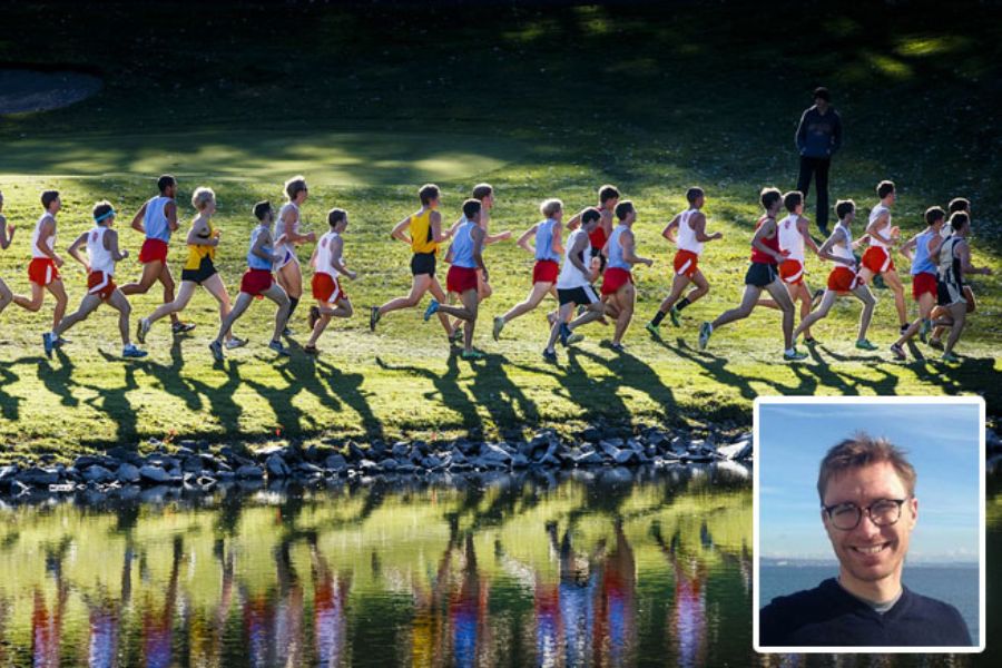 Cross country runners run in a group on a green field next to a rock-lined pond. Sean Brenckman’s headshot is in the lower righthand corner.
