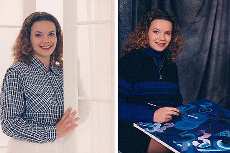 Two studio portraits of Amie Moland. Both have a blue background and she smiles into the camera.