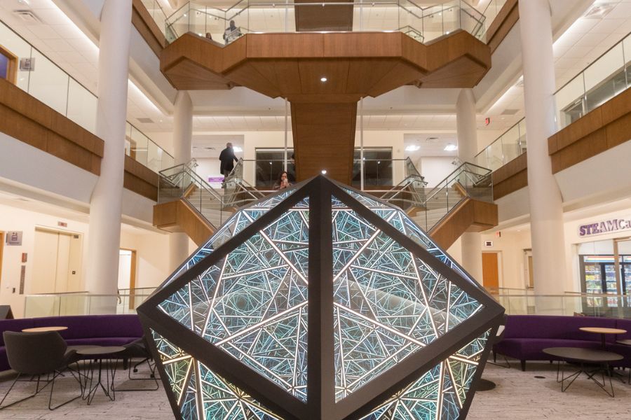 Portal Icosahedron sculpture by Anthony James in the John P. Monahan Gallery in the Schoenecker Center
