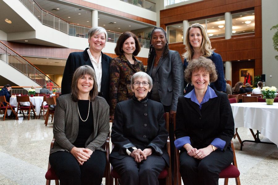 Judge Diana Murphy (center, front) poses for a group photo a "Leadership, Gender, and Judicial Selection" program October 17, 2008 in School of Law's Schulze Grand Atrium. The program was co-sponsored by the Holloran Center and the Infinity Project.  Front row from left: Carol Chomsky, Murphy, Sally J. Kenney. Back row from left: Marie Failinger, Mary Vasaly, Keynote speaker Sherrilyn Ifill, Lisa Brabbit.