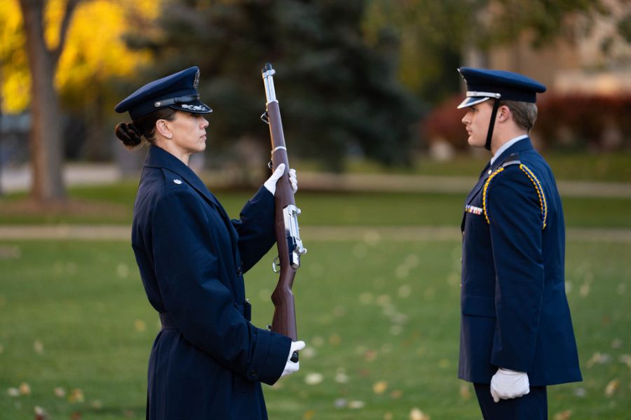 Members of Air Force ROTC Detachment 410 participate in the closing ceremony of a 24 hour vigil honoring military service members missing in action or prisoners of war on the lower quad in St. Paul on November 11,2024.