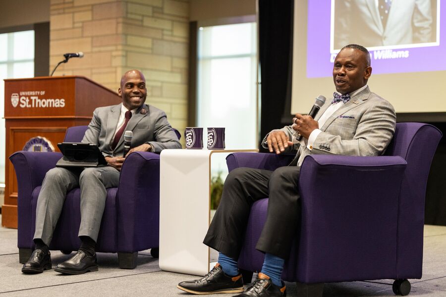 Pastor Tony Lowden in conversation with Dr. Yohuru Williams, Director of the Racial Justice Initiative, in Woulfe Alumni Hall on October 23, 2024, in St. Paul, as part of Finding Forward.