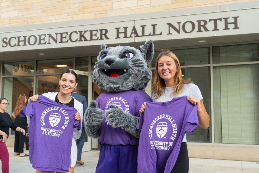 Students, staff, faculty and the St. Thomas Board of Trustees gather to announce a state record-setting gift for scholarships, along with the renaming of Tommie North Residence Hall. Tommie North Residence Hall was renamed to Schoenecker Hall North. The event took place on the St. Paul campus on September 19, 2024.