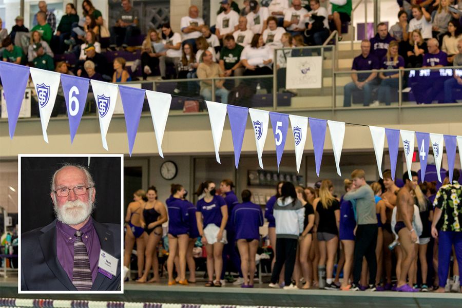 Students gather around the pool at a St. Thomas swimming meet. Purple and white flags hang above the pool in the foreground. Tom Hodgson’s photo is in the bottom left corner. He’s smiling into the camera and wearing Tommie purple.