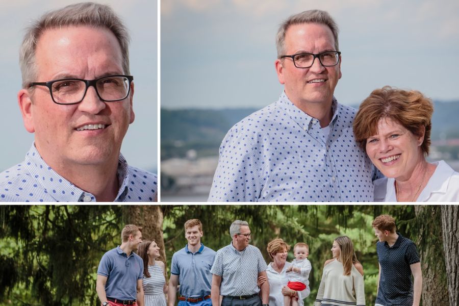A collage of three photos of William H. Patt show him smiling into the camera in front of a blue sky, posing for a photo with his wife in front of a cityscape and mountains, and a professional photo of William and his family walking through the woods.
