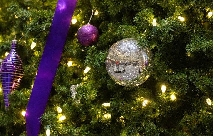 A close up of the holiday tree in Anderson Student Center. It's covered in white lights, silver ornaments and purple ribbon.