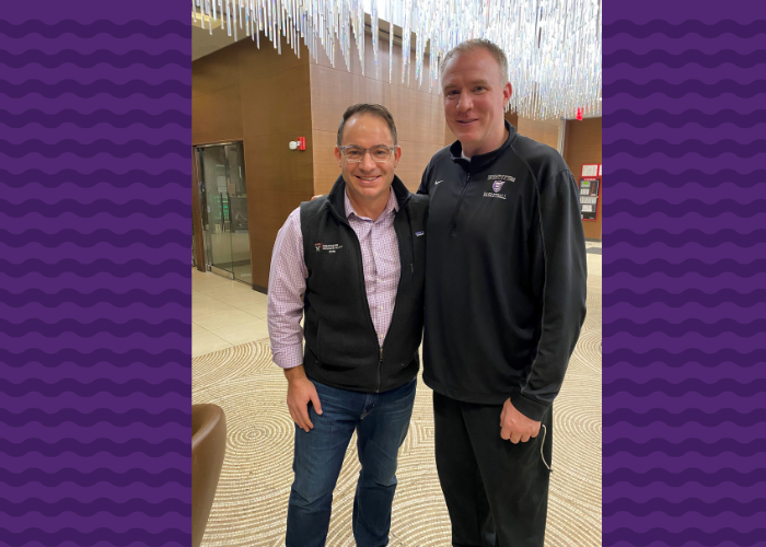 Brett Keith ’94 and Johnny Tauer, coach of St. Thomas men’s basketball team and psychology professor.