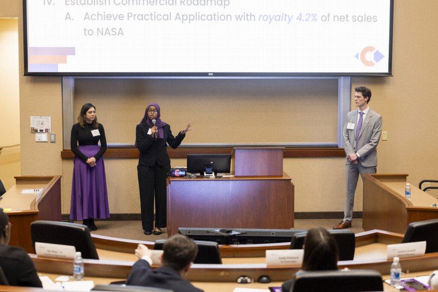 Breanna Ranglall ’26, Ilham Mohamud ’26 and Sam Mahannah ’26 pitch their business during the Schulze School of Entrepreneurship Business Plan Competition in February, 2026. 