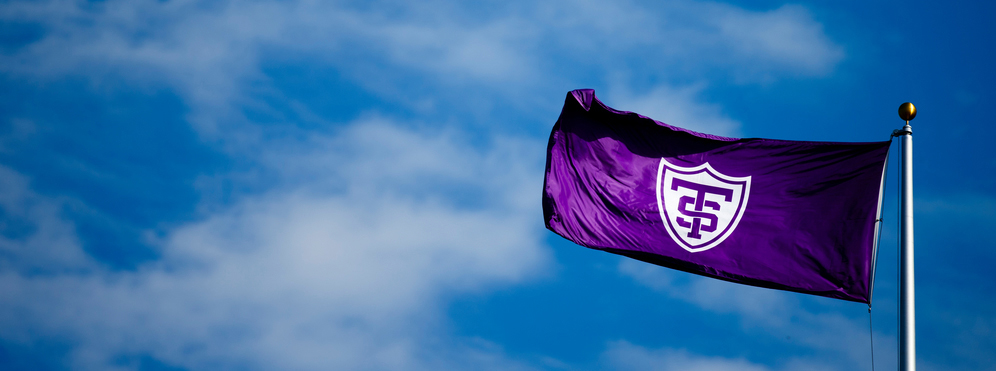 the St. Thomas athletic shield on a flag against the blue sky