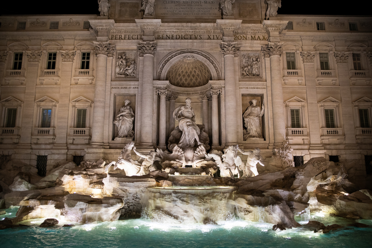 A photo of the Trevi Fountain at night in Rome, Italy