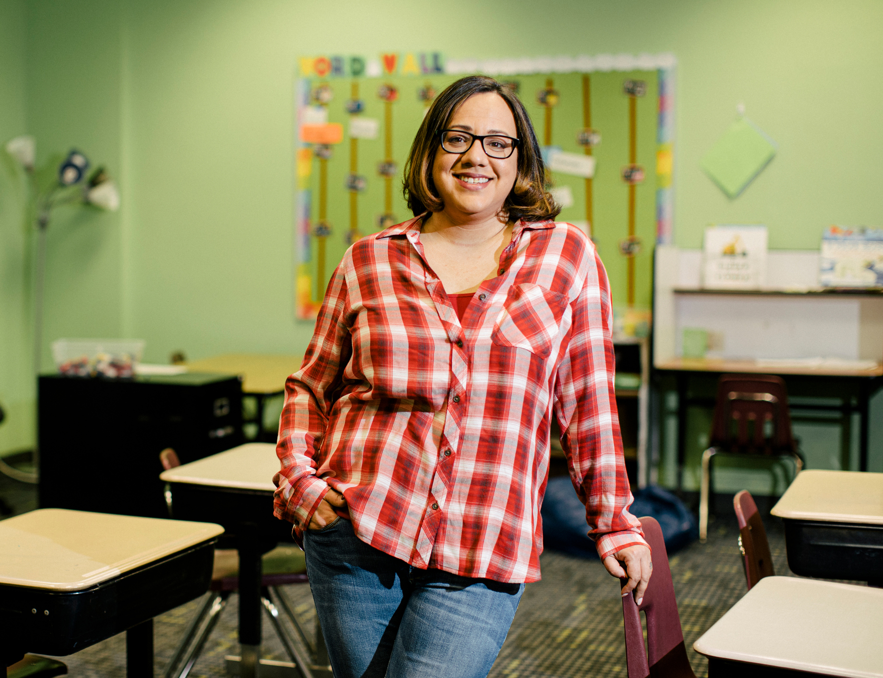 Laura Medina Coste poses for a photo in her classroom in Paul and Sheila Wellstone Elementary in St. Paul.