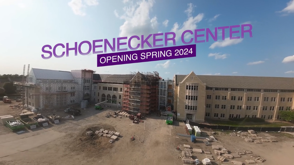Drone footage of construction on the Schoenecker Center in July 2023
