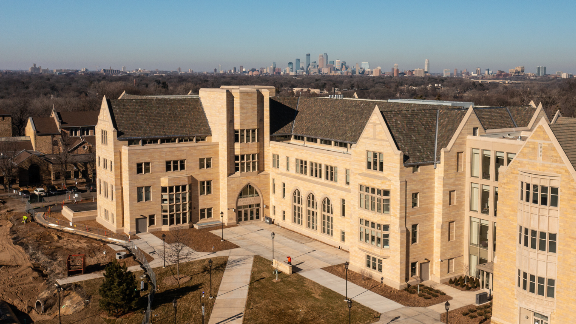 Aerial drone views of the new Schoenecker Center STEAM building on south campus